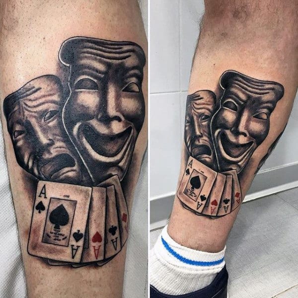 Opera Masks Playing Card Mens Leg Tattoo