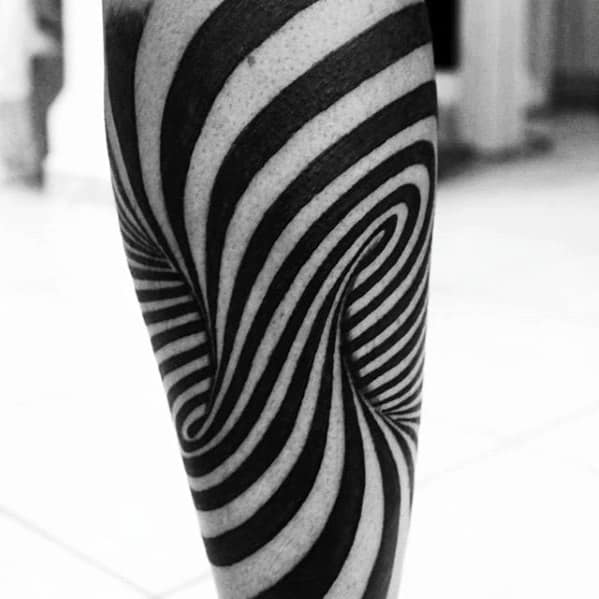 Optical Illusion Black Ink Spiral Mens 3d Tattoo On Leg