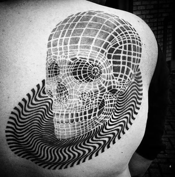 Optical Illusion Guys 3d Spiral Skull Back Tattoo Design