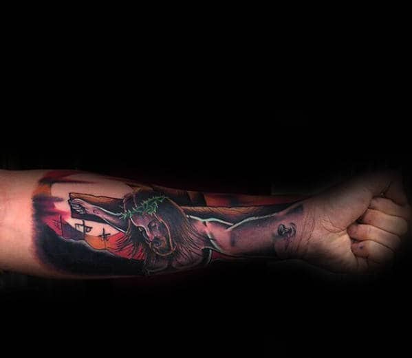 Optical Illusion Guys Jesus On Cross Forearm And Wrist Tattoo Design Ideas