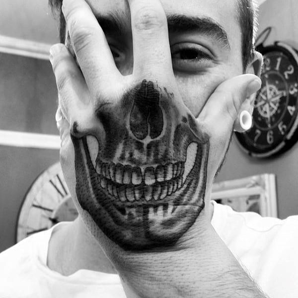 Optical Illusion Half Of Skull Mens Hand Tattoo Designs