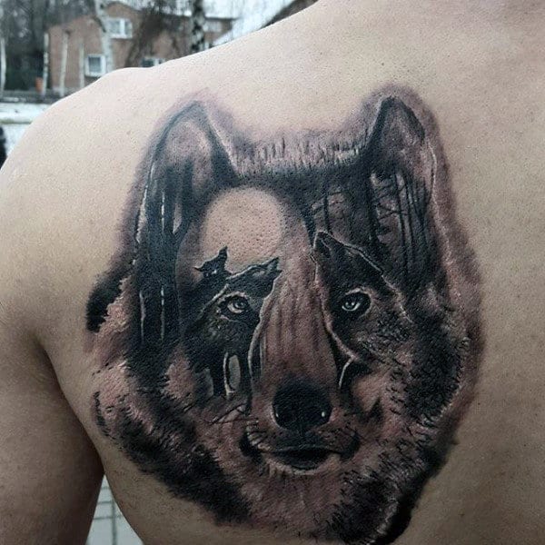 Optical Illusion Male Wolf Back Tattoo Ideas