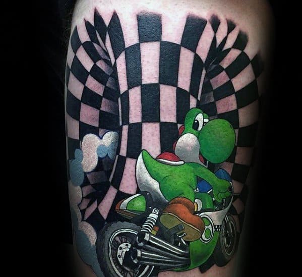 Optical Illusion Racing Flag Thigh Yoshi Tattoo Ideas For Gentlemen