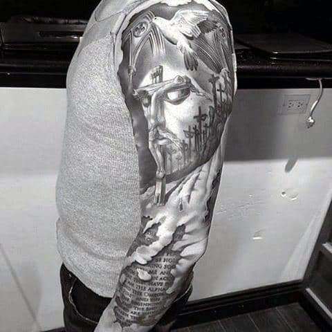 Optical Illusion Ripped Skin Guys Jesus Cross Sleeve Tattoo