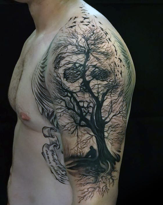 Optical Illusion Tree Skull Mens Life And Death Half Sleeve Tattoos