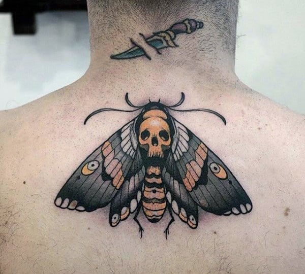 Orange And Black Guys Moth Upper Back Tattoos