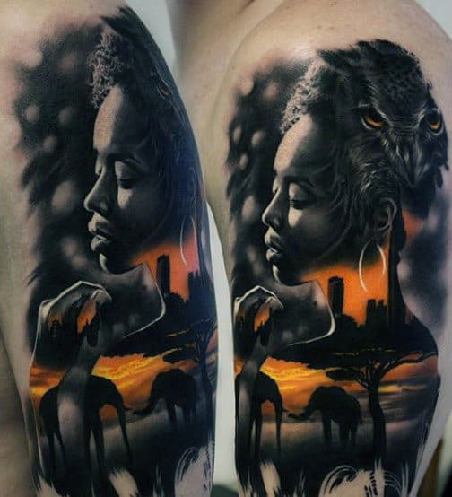 Orange And Black Ink Owl Elephants Upper Arm Male Tattoo