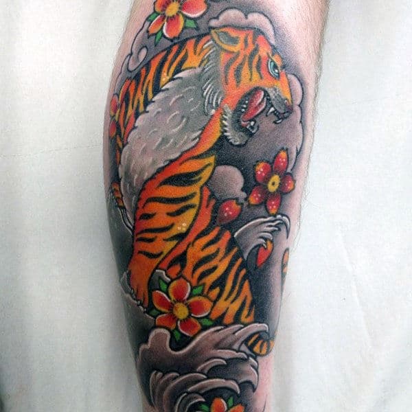 Orange And Grey Japanese Mens Tiger Leg Tattoos