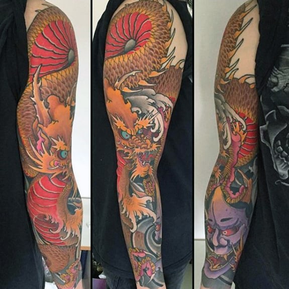Orange And Red Guys Dragon Full Arm Sleeve Japanese Tattoos