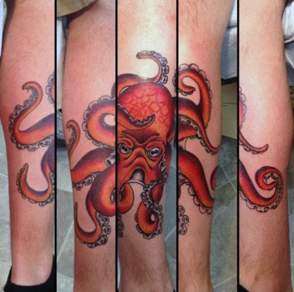 Orange And Red Traditional Octopus Male Leg Tattoos