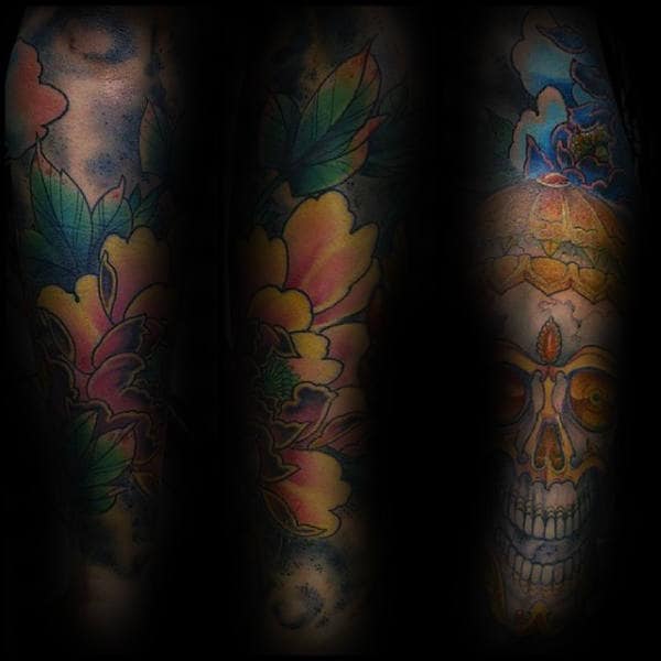Orange And Yello Peony Mens Sleeve Tattoo Design With Ornate Skull
