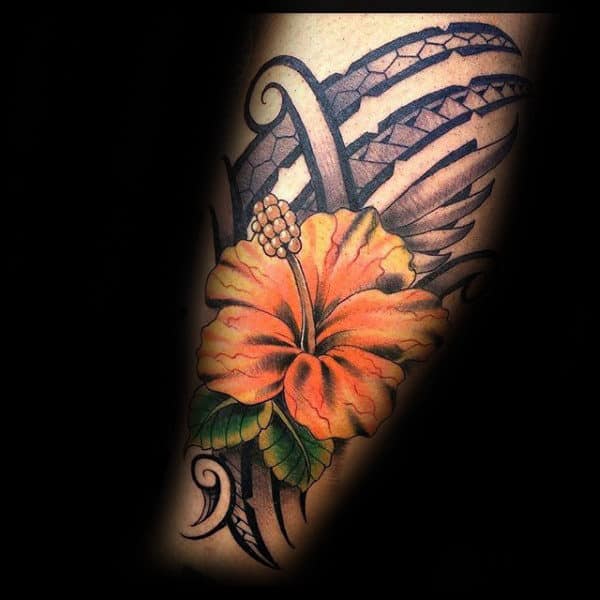 Orange And Yellow Hibiscus Flower Mens Tribal Tattoos