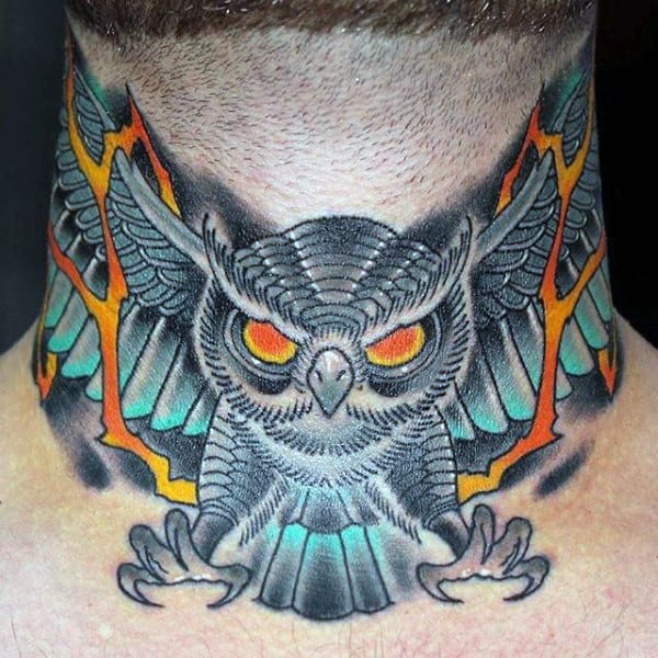Throat tattoo featuring a fierce owl with outstretched wings, vibrant orange lightning accents, and bold shading for a striking look