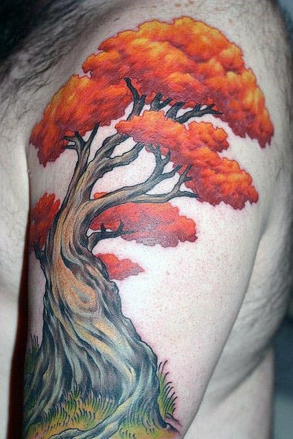 Orange Bonsai Tree Mens Upper Arm Tattoos