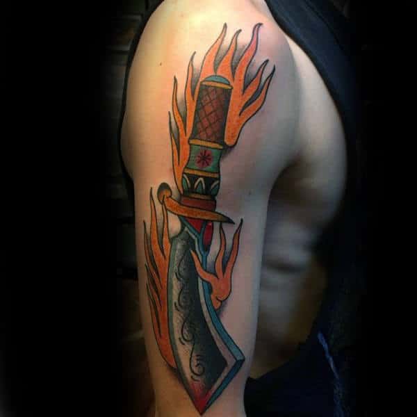 Orange Burning Dagger Tattoo Male Arms