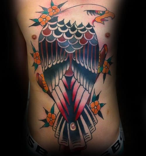 Orange Flower Traditional Eagle Mens Full Chest Tattoos