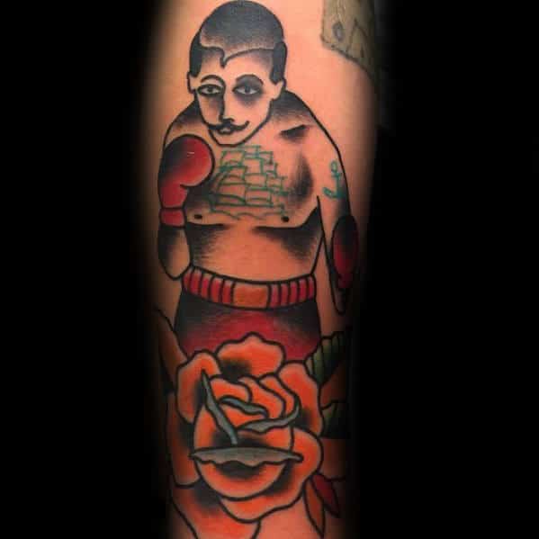 Orange Flower With Boxer Traditional Forearm Tattoos For Males