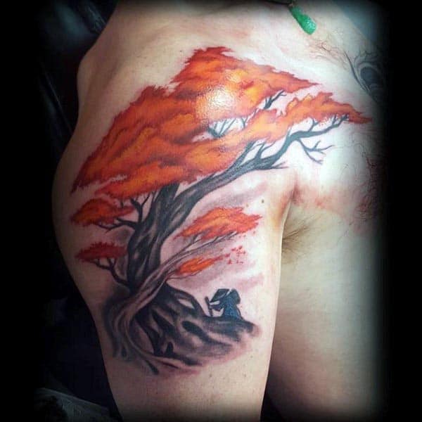 Orange Flowering Bonsai Tree Male Upper Arm Tattoos