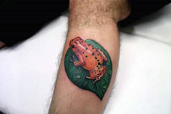 Orange Frog On Leaf Male Leg Realistic Tattoos