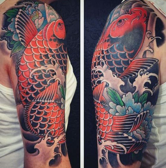 Orange Koi Fish In Water Guys Half Sleeve Japanese Tattoos