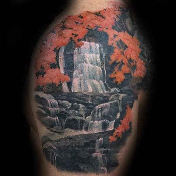 Orange Leaves On Tree Waterfall Upper Arm Tattoos For Men