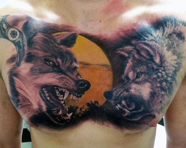 Orange Moon Mens Wolves Chest Tattoo