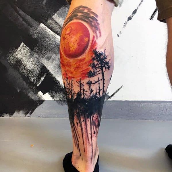 Orange Moon With Trees Artsy Mens Leg Tattoo