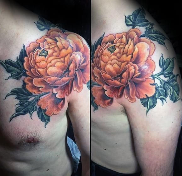 Orange Peony Flower Mens Shoulder Tattoos