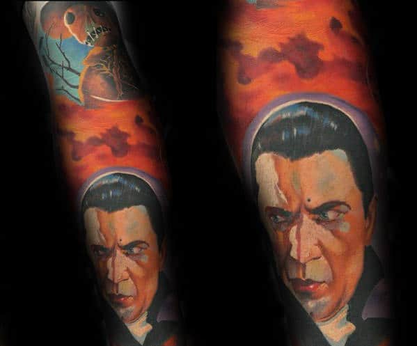 Orange Sky With Dracula Portrait Guys Sleeve Tattoos