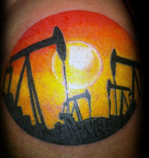Orange Sun Mens Oilfield Pumpjack Tattoo On Arm