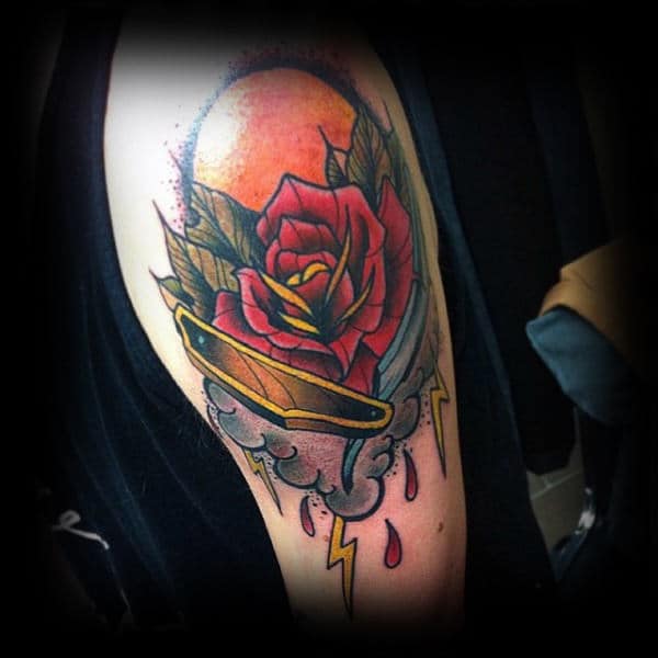 Orange Sun Red Rose And Straight Razor Tattoo Male Arms