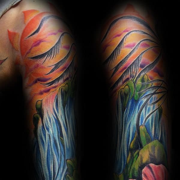 Orange Sunset Sky With Waterfall Mens Sleeve Tattoo