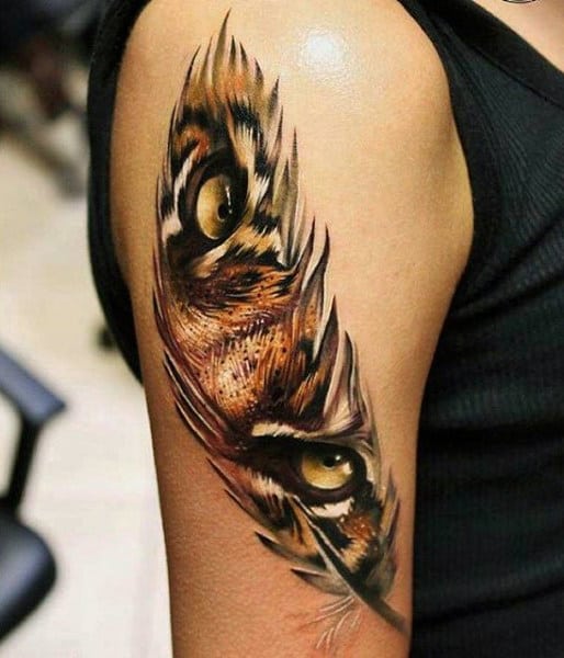 Orange Tiger Eye Feather Tattoo Design On Arms For Men
