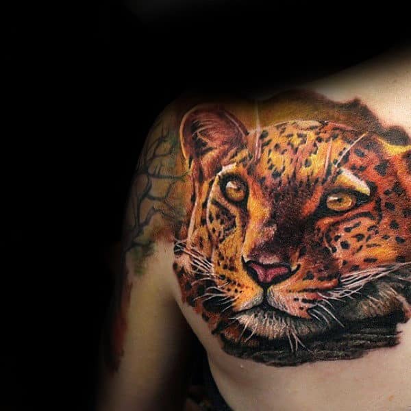Orange Watercolor Background Leopard Mens Shoulder Tattoos
