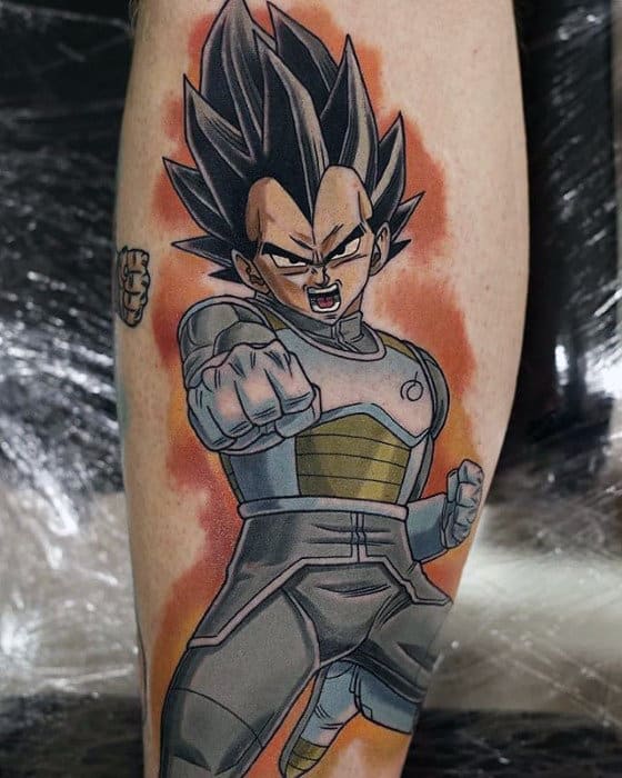 Orange Watercolor Background Vegeta Male Leg Tattoos