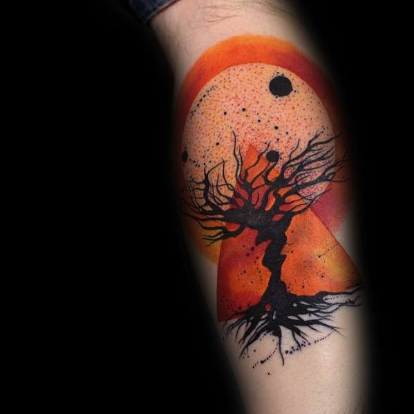 Abstract tattoo of a twisted tree with exposed roots against a cosmic orange and red background, blending surreal and geometric elements.