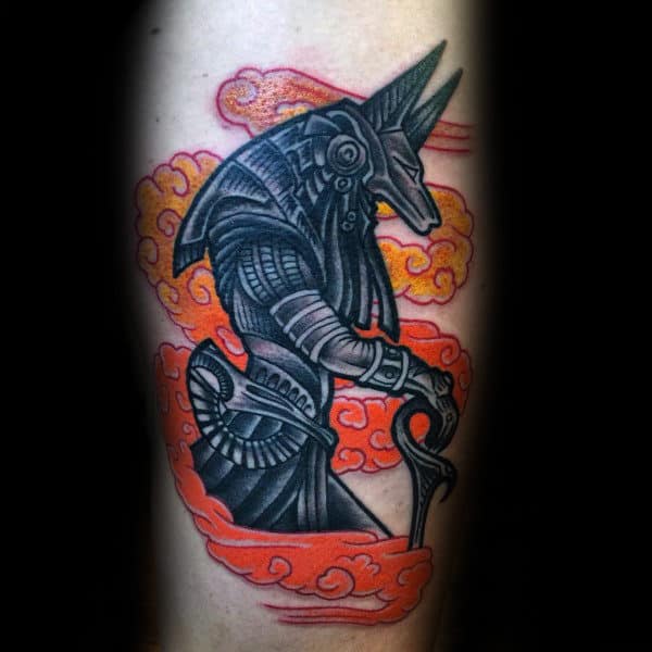 Orange Wind Anubis Mens Leg Tattoo