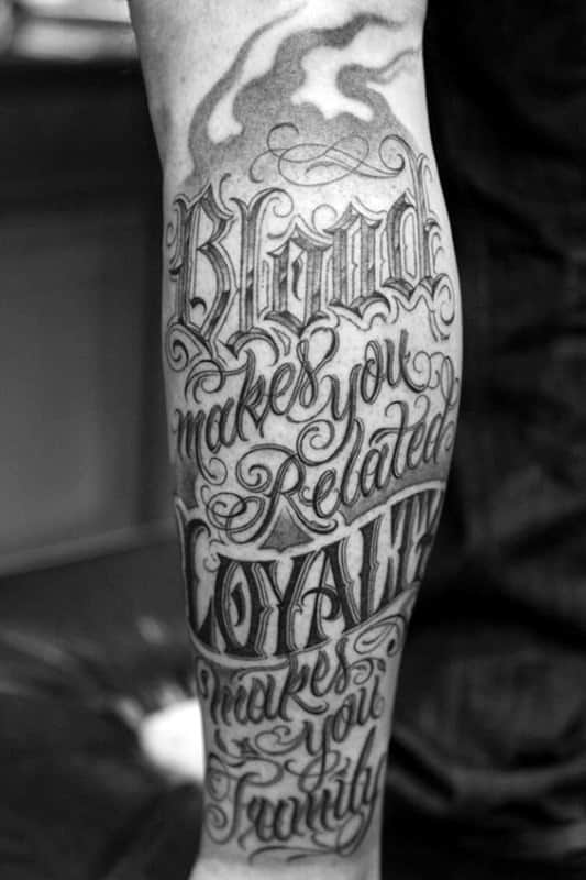 Orante Lettering Loyalty Leg Tattoos For Guys