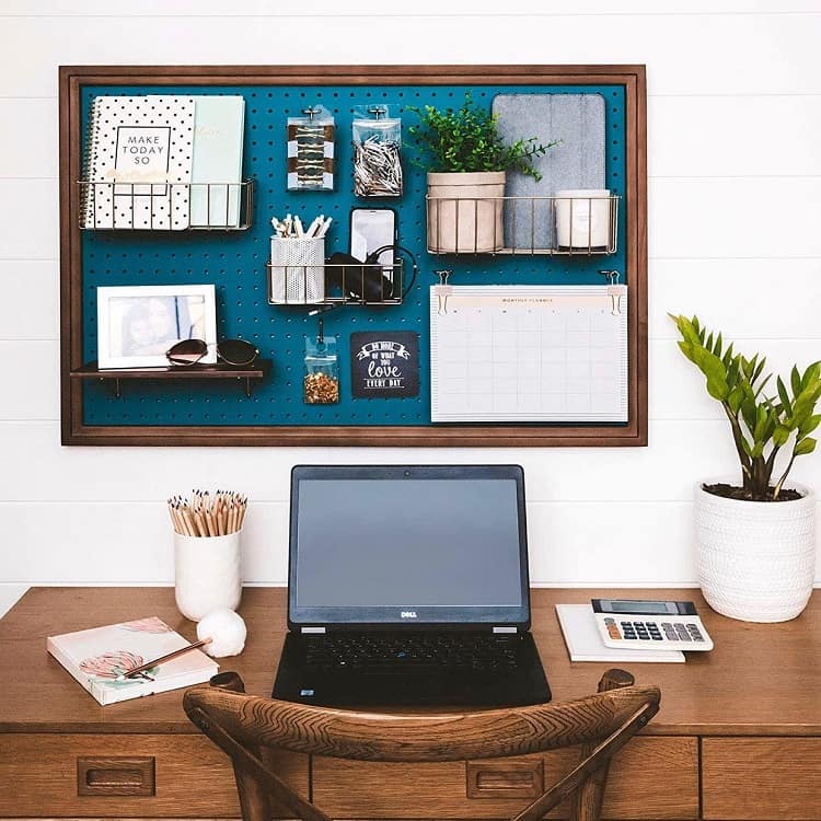 organized home office blue pegboard