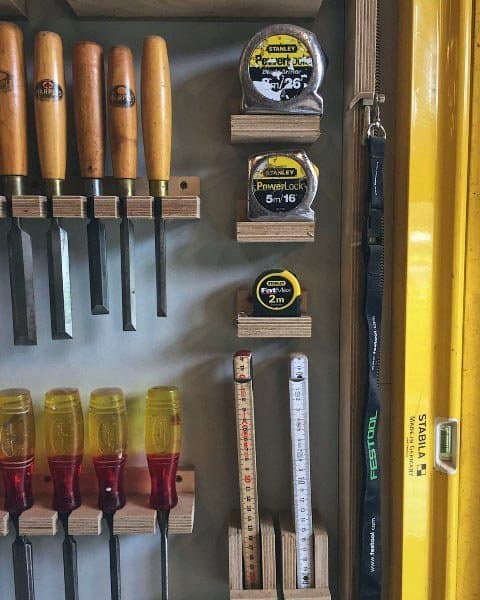 Organized Tape Measure And Chisel Wall Tool Storage Ideas