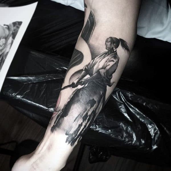 Oriental Fighter Lady Watercolor Tattoo On Forearm Male