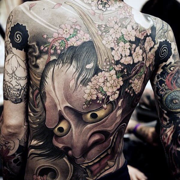 Oriental Flowers And Ogling Eyed Monster Tattoo Male Full Back