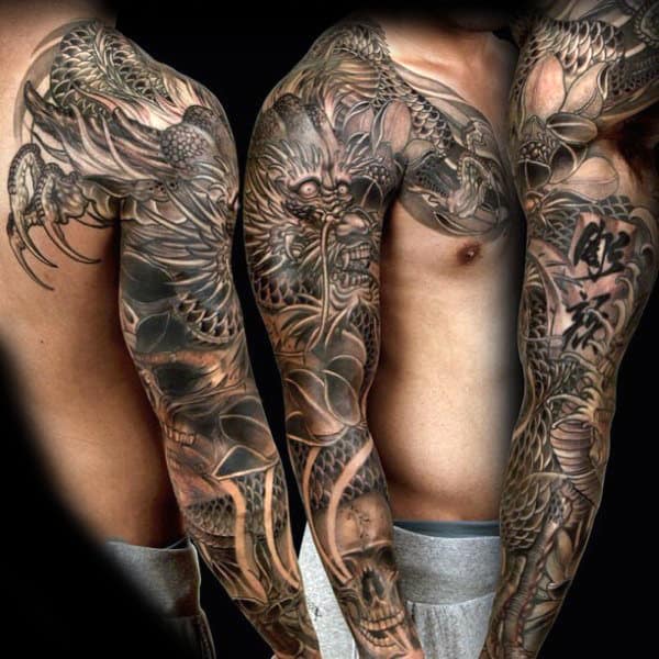 Oriental Grey Dragon Tattoo Male Full Sleeves
