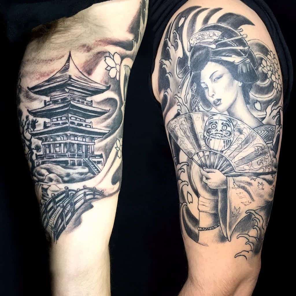 Black and gray Japanese-style tattoos featuring a pagoda with a bridge on one arm, and a Geisha holding a detailed fan with swirling patterns on the other.