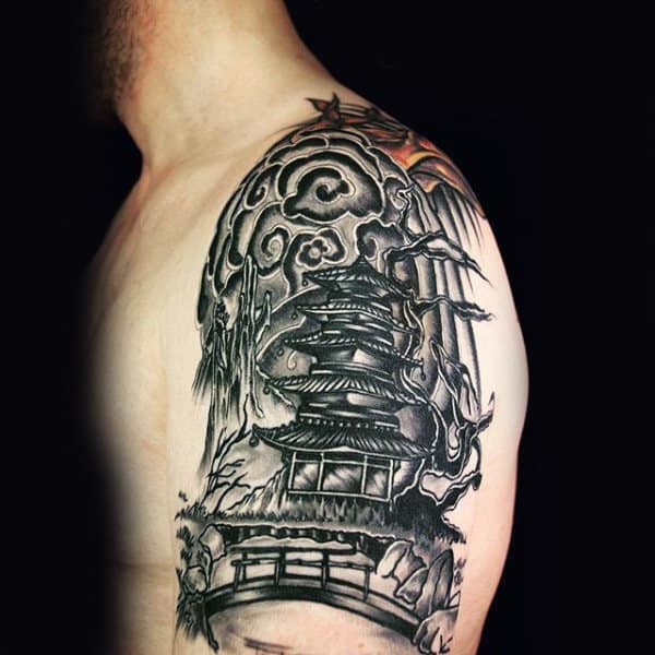 Oriental Monument Quarter Sleeve Tattoo For Men