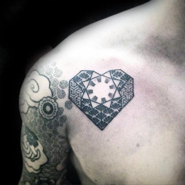 Origami Heart Male Chest Tattoo With Pattern Design