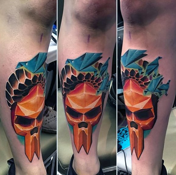 Origami Mens Skull New School Back Of Leg Tattoo