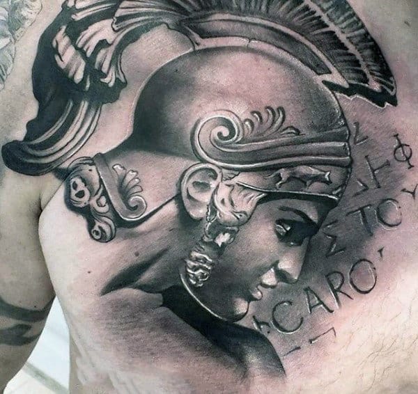 Original Black And Grey Shaded Roman Warrior Helmet Tattoo On Chest