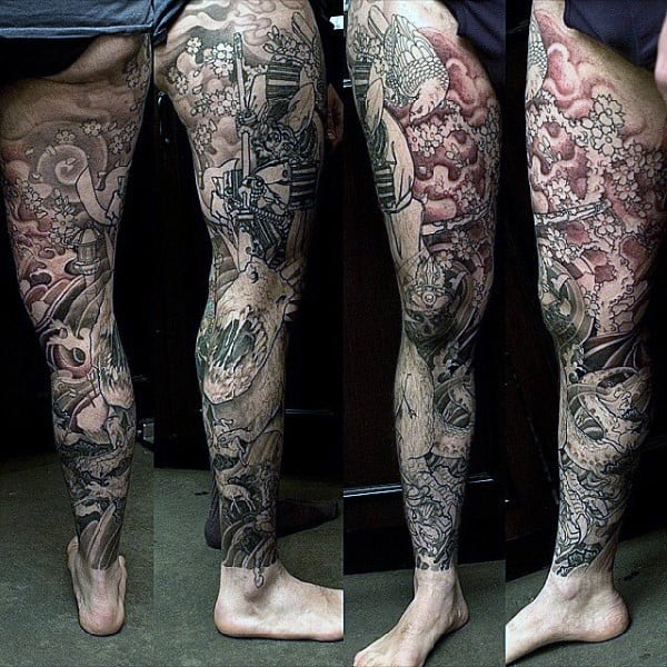 Original Guys Japanese Dinosaur Full Leg Sleeve Tattoos