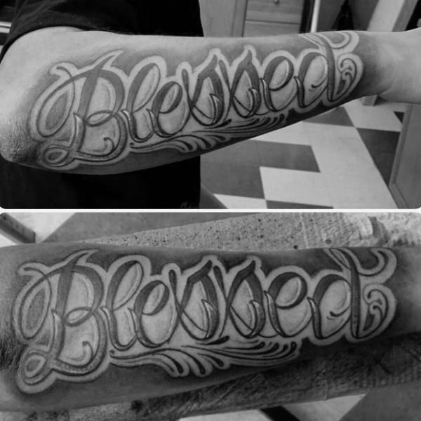 Ornate Blessed Mens Forearm Tattoos